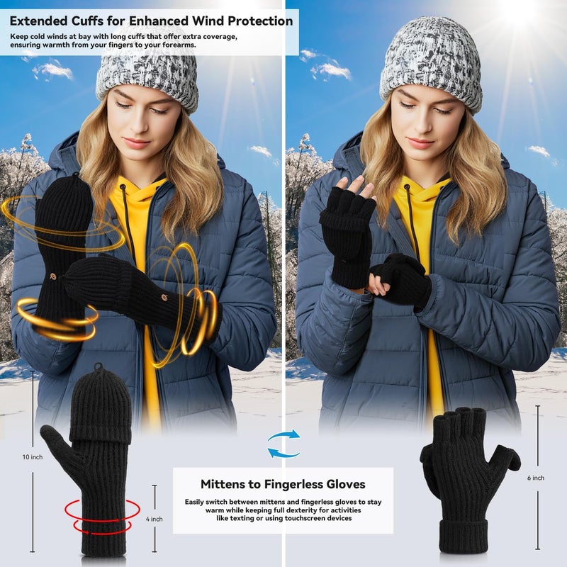 Cierto Winter Gloves for Women & Men | Convertible Fingerless Gloves for Cold Weather,Womens Warm Knit Mittens… - Image 5